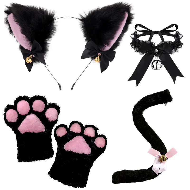 5Pcs Halloween Party Cat Headband Necklace Claw Gloves Tail Sets Cosplay Plush Bell Hairband Masquerade Headwear Hair Accessor