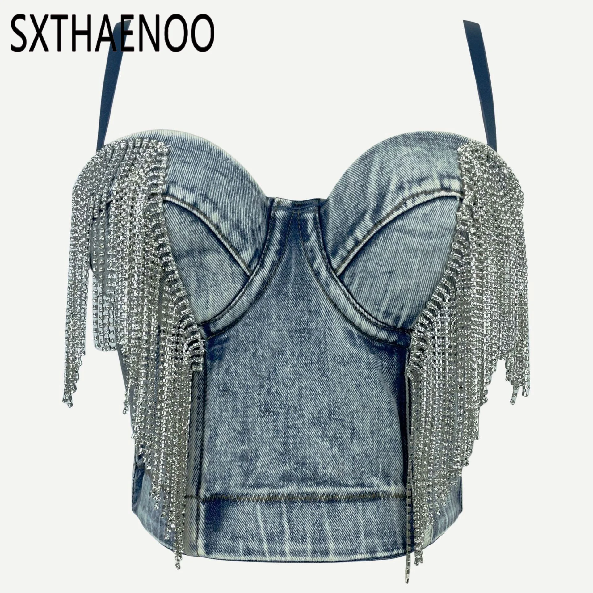 SXTHAENOO Women Comfort Denim Camisole Corset Top Build In Bra Crystal Diamonds Tassels Luxury High Street Club Party Clothing