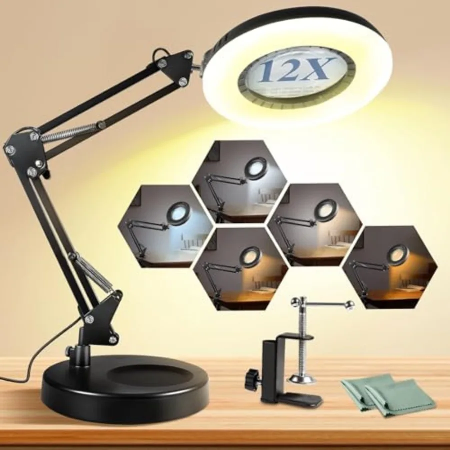 12X Magnifying Glass with Light and Stand, 144 LEDs Brightest Desktop Magnifying Lamp, 10 Dimmable Brightness 5 Color Modes, Ha
