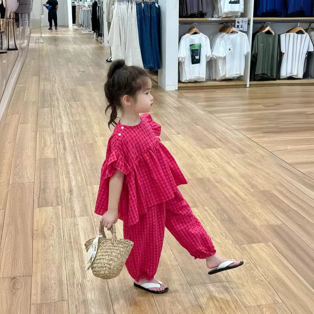 Girls' Suit Plaid Loose Top Plus Nine-point Pants 2025 Summer Clothes New Foreign Trade Children's Clothing Factory Wholesale