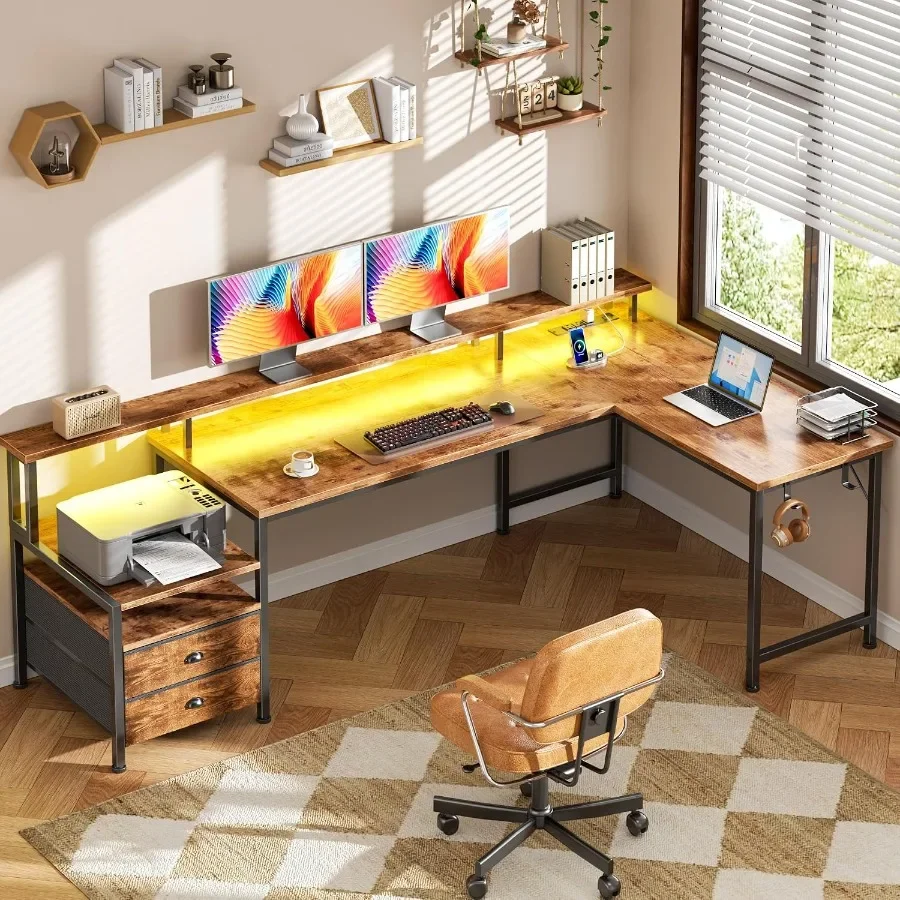 66'' L-Shaped Computer Desk with Storage Drawers, Built-in Power Outlet LED Lighting, Modern Gray Finish for Home Office Use