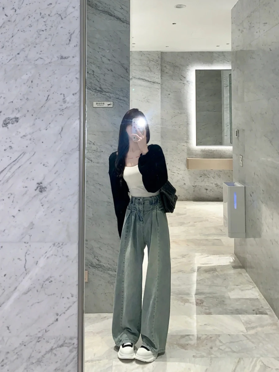 

American High Street Retro Wide Leg Jeans Women's Spring Autumn High Waist Slim Loose Drapey Tall Extended Floor Length Pants