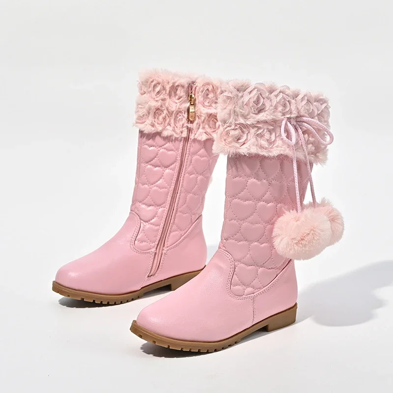 Bottes en cuir roses pour enfants, bottes de neige montantes, coordonnantes, maintien au chaud, princesse, chevalier, filles, automne, hiver, nouvelle mode