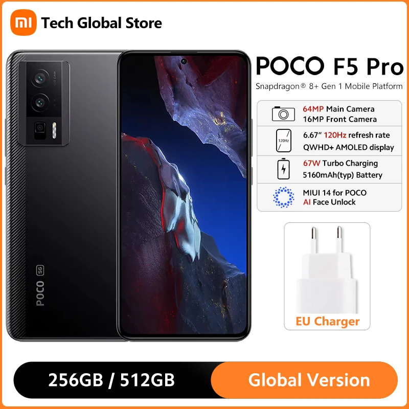 Смартфон глобальная версия POCO F5 Pro, 12 Гб, 512 ГБ, смартфон Snagdragon 8 +, восемь ядер Gen 1, 6,67 дюйма, 120 Гц, WQHD + AMOLED дисплей, камера 64 мп