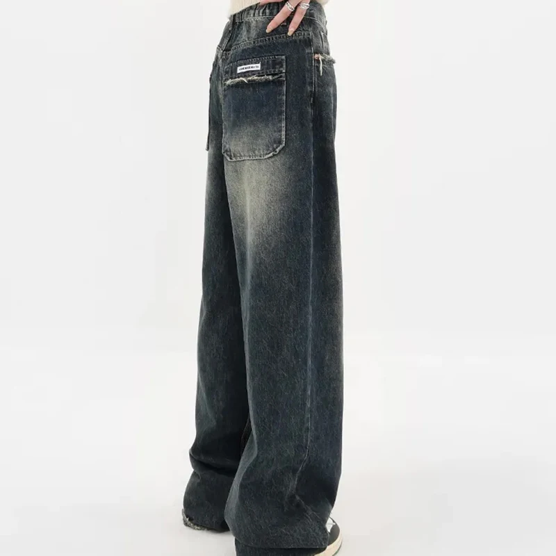 Street Wear Retro Fashion Autumn Women High Waist Jeans Loose Wide Leg Straight Loose Denim Trousers Baggy Pants