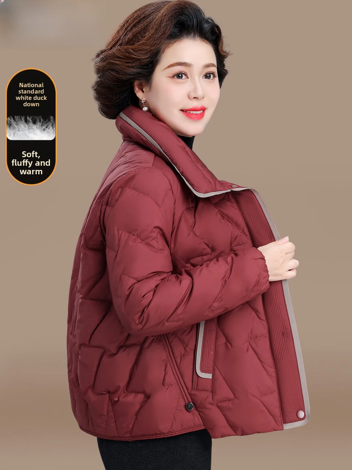 

Зимняя модная пуховая куртка для женщин среднего возраста, красное пальто на Новый год, теплое, свободного кроя, с воротником-стойкой, на молнии