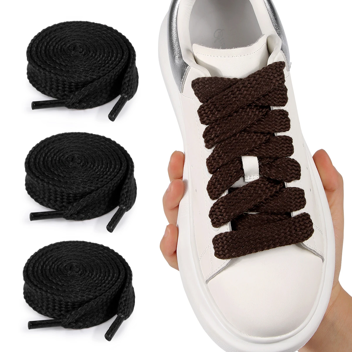 2 pairs, 1.5cm widened black polyester single-layer flat woven shoelaces for sports sneakers
