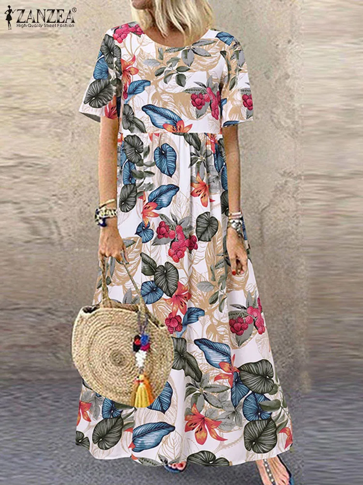 2023 ZANZEA Böhmischen Urlaub Sommerkleid Sommer Frauen Vintage Floral Bedruckte Kurzarm Strand Kleid Lose Lange Vestido Robe Femme