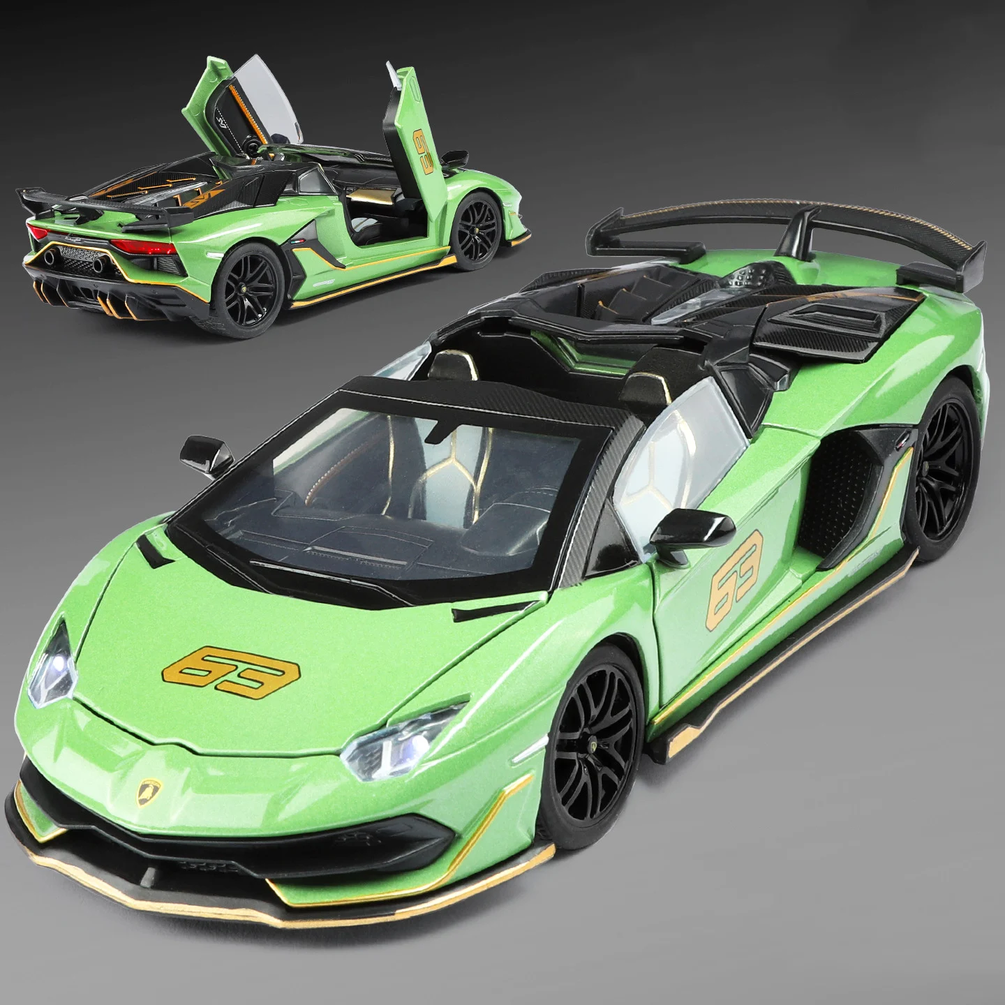 

1:32 SVJ63 V12 Model Miniature Supercar Toys Alloy Diecast Pull Back Sound Light Doors Opened Simulation Sports Cars for Kids
