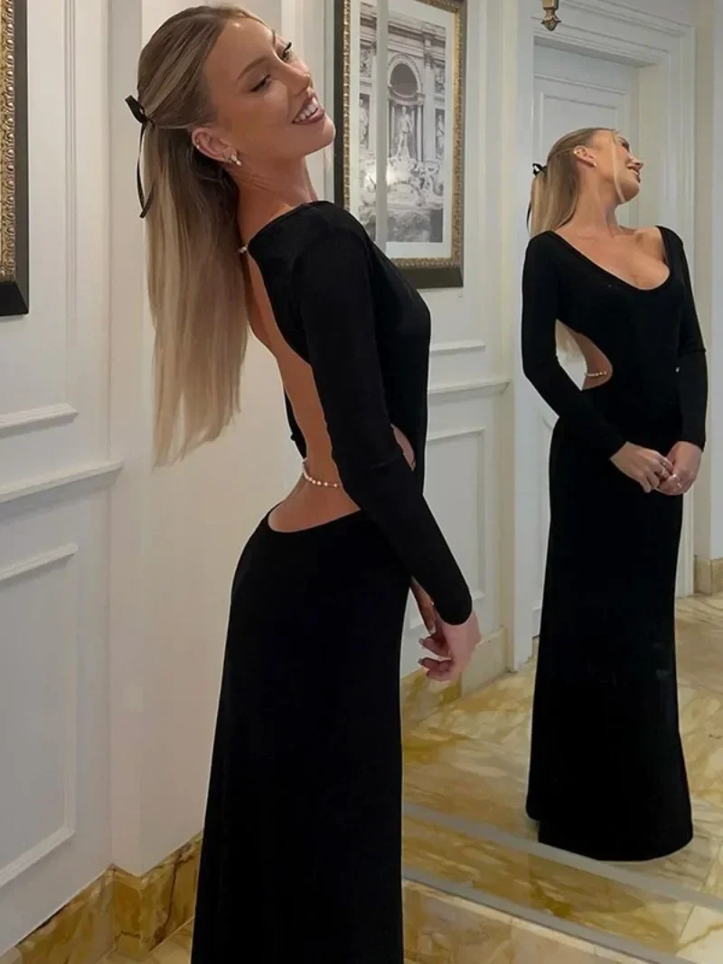 Kobieta Ubrania Frezowanie Backless Bodycon Długa Sukienka 2024 Jesień Elegancka Kobieca Sukienka z Pełnym Rękawem Wycięcie Slim Fit Czarne Suknie Wieczorowe