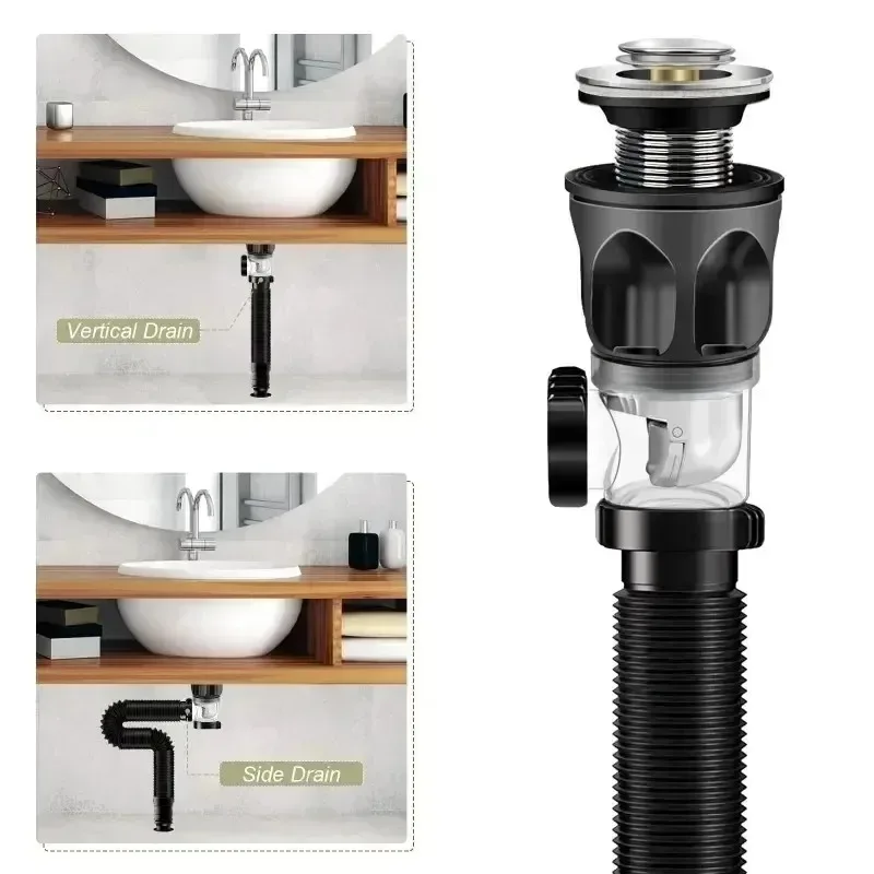 Universal Flip Stainless Steel Washbasin Sink Drainage Pipe Kitchen Bathroom Wall Mount Anti Odor Drain Pipe Rust-proof