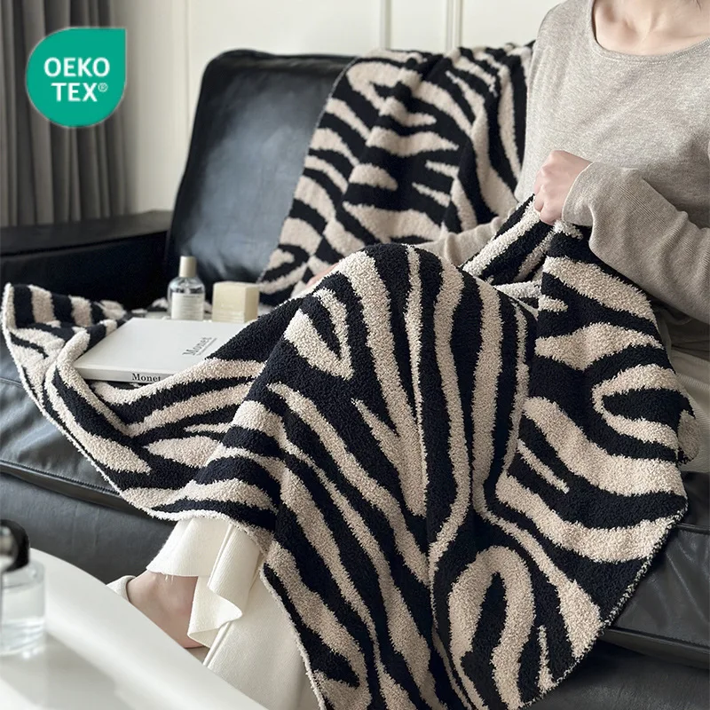 

Zebra Print Knit Blanket - Reversible Half-Pile Fleece Throw for Sofa & Bed, Ultra Soft Cozy Blanket for Nap & Decor, 2 Sizes