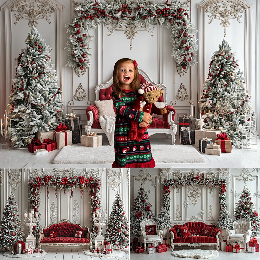 

Christmas Photography Backdrop Red Velvet Headboard White Paneling Decorated Christmas Trees Background Photo Studio Photocall