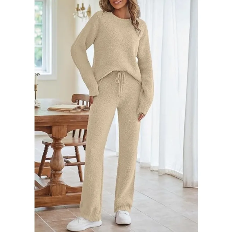 Sets for Women 2 Pieces Warm Suit Sweater Solid Elegant Traf Store Outfit Round Neck Tracksuit Autumn Clothes Female Trousers