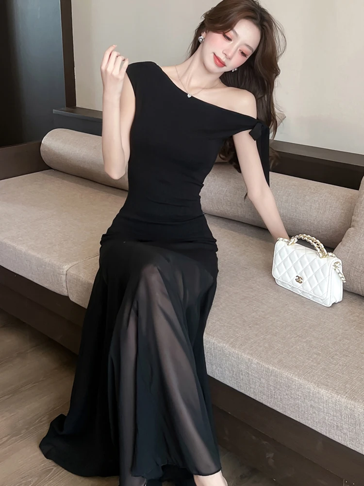 الصيف الأخضر المرقعة شبكة فستان طويل غير رسمي المرأة أنيقة شيك قطري طوق فستان مثير 2025 الكورية Bodycon فساتين عطلة