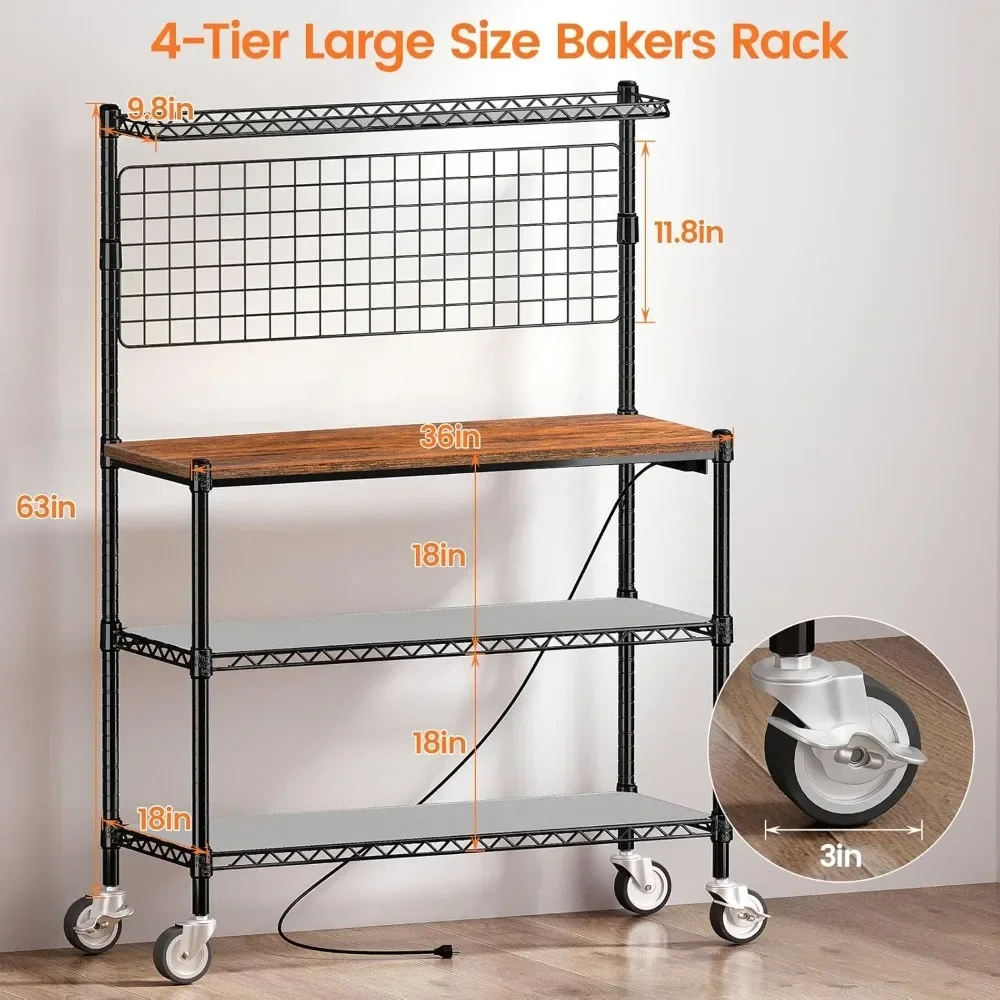 

Bakers Rack with Power Outlet & Storage, 36 Inch Microwave Stand Kitchen Cart, 4-Tier Metal Kitchen Shelves Cart with Wheels &