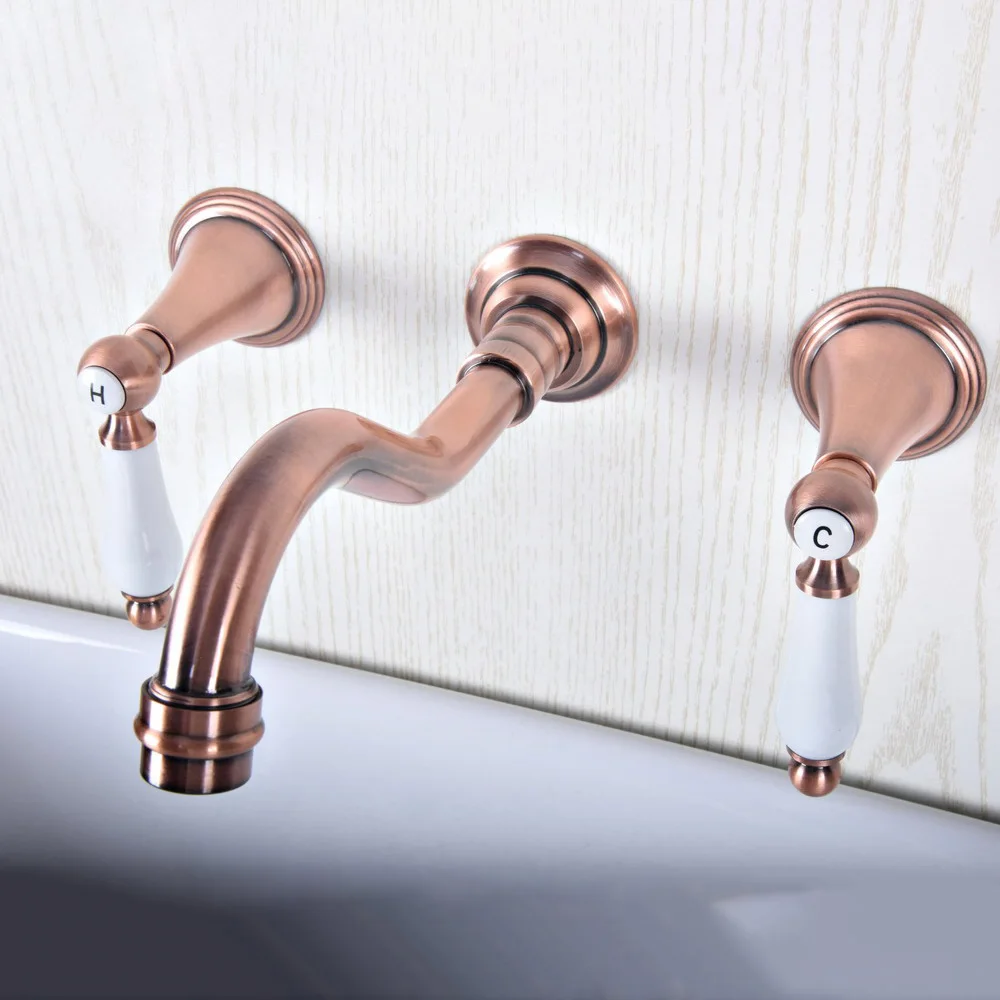 

Bathroom Brass Dual Ceramic Handles Basin Sink Faucet Wall Mount Bathroom Mixer Tap Antique Red Copper Nsf507