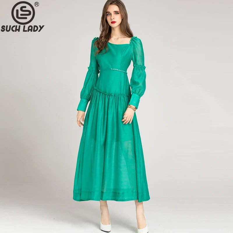 

Women's Runway Dresses Square Neckline Lantern Sleeves Buttons Detailing Fashion High Street Designer Dress