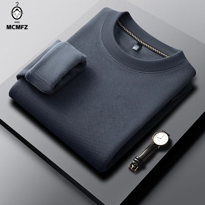 Men Long Sleeve Crew Neck Knit Pullover Waffle Texture Fleece Lined Thick Warm Winter Office And Daily Outfit
