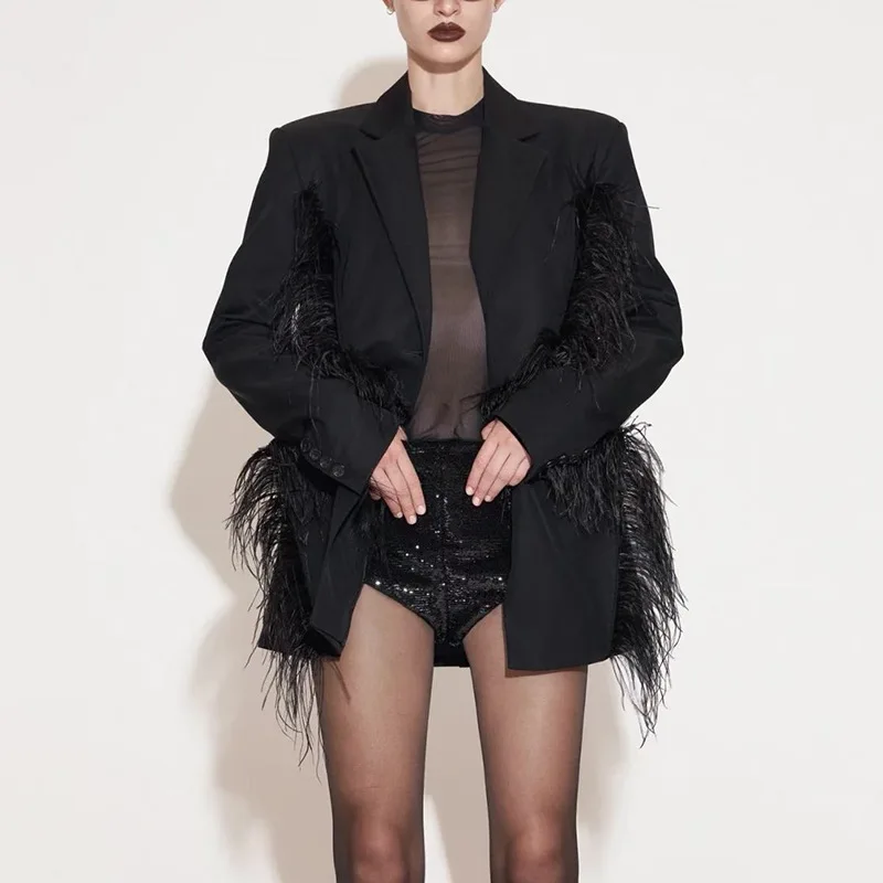 

Chic Black Women's Autumn Suit Coat with Tassel Street Fashion Personal Style for Ladies