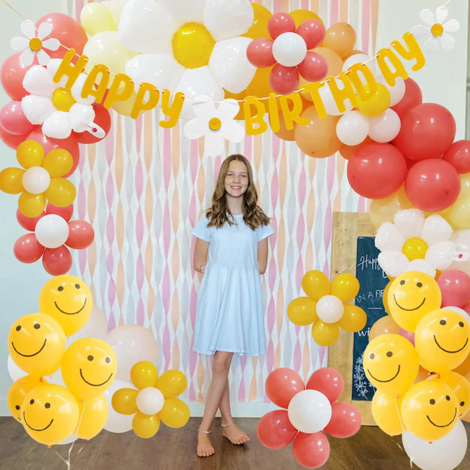 136Pcs Daisy Balloon Garland Arch Kit White Groovy Daisy Flower Macaron Pastel Balloons Garland for Birthday Party Decoration