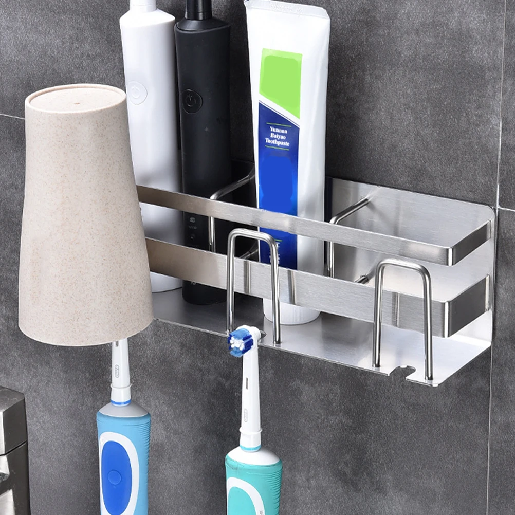 

Stainless Steel Toothbrush Holder Toothpaste Mounted No Drilling Space Saving Bathroom Organizer Ventilated