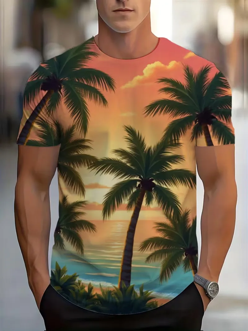 Tropical Sunset Palm Tree T-Shirt For Men Hawaiian Beach Style Crew Neck Tee Shirt Casual Summer Short Sleeve T Shirt Tops
