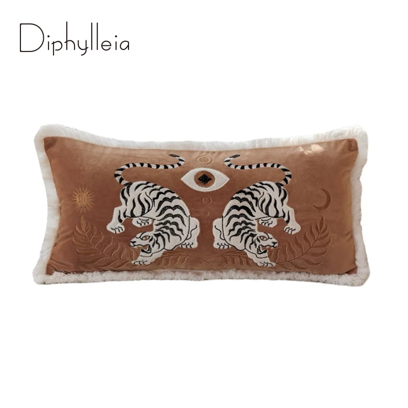 Diphylleia Double Roaring Tigers With Evil Eye Embroidered Lumbar Pillow Case Wild Beauty Decorative Long Cushion Cover For Sofa