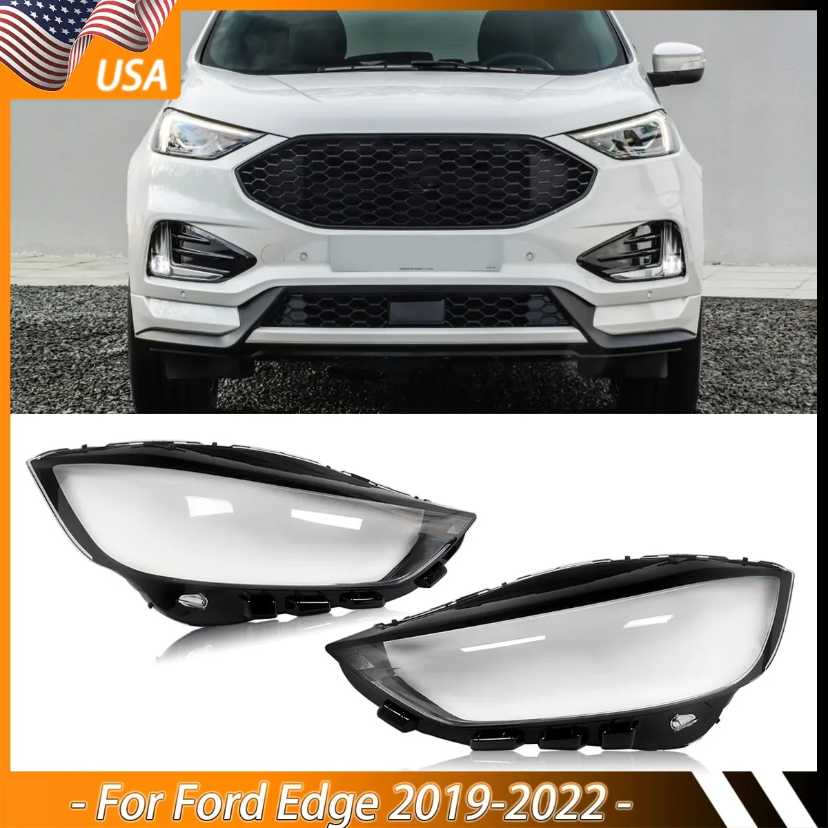 USA Pair For 19-2022 Ford Edge Headlight Shell Headlamp Lens Covers Replace L+R