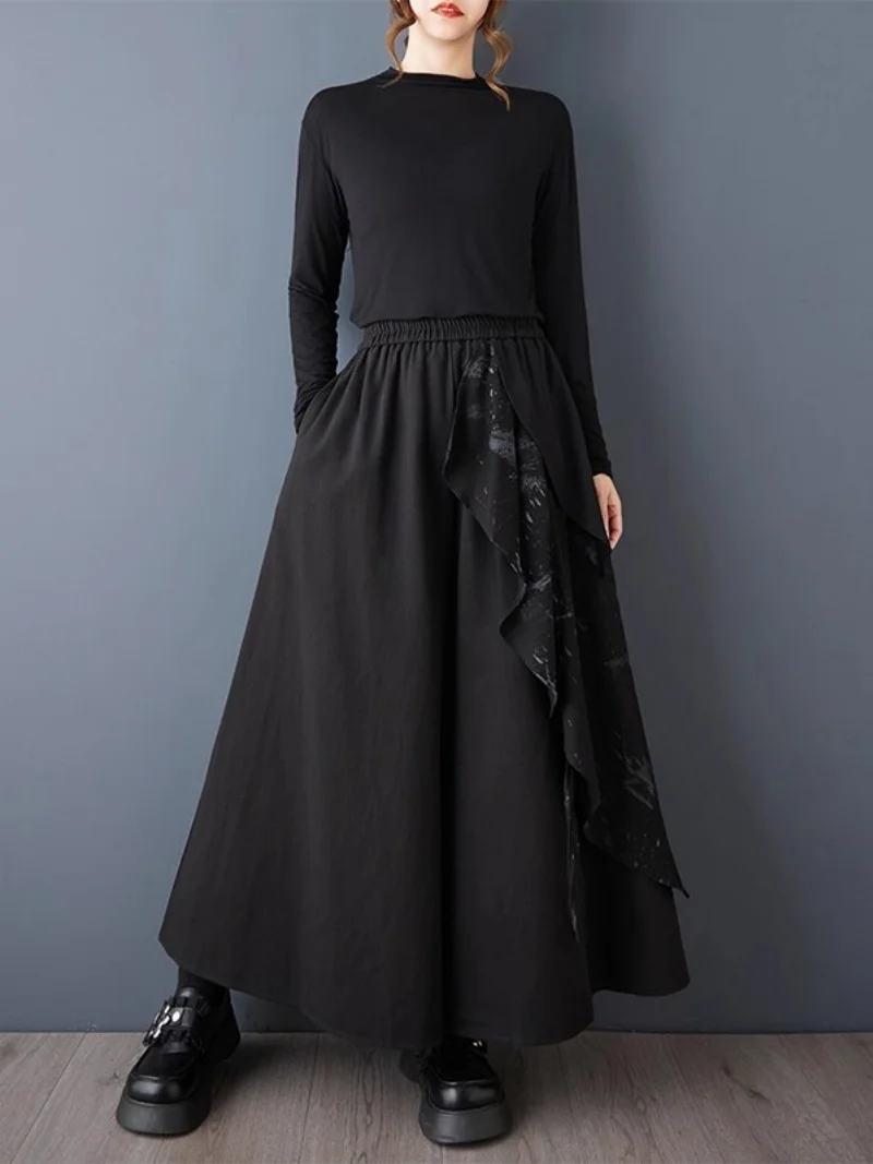 2025 Spring Autumn Dark Style Printed Splicing Wide Leg Pants Fashion Popular Large Size Versatile Loose Casual Trousers w1285