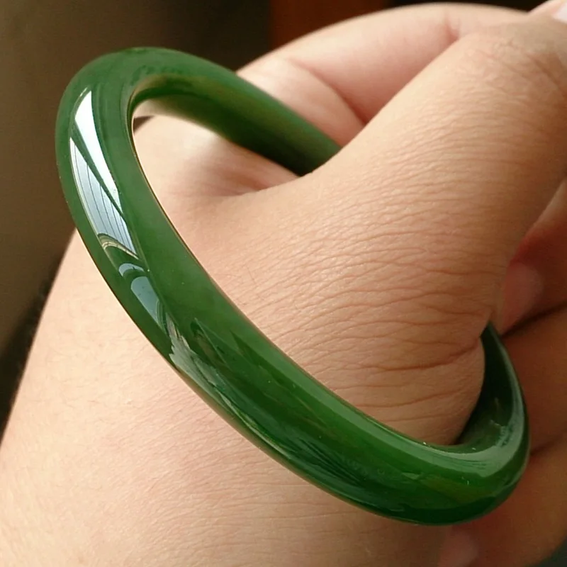 Natural Xinjiang Hetian jade bracelet, fine strip design, women's style, old mine, spinach green, round jade bracelet, genuine j
