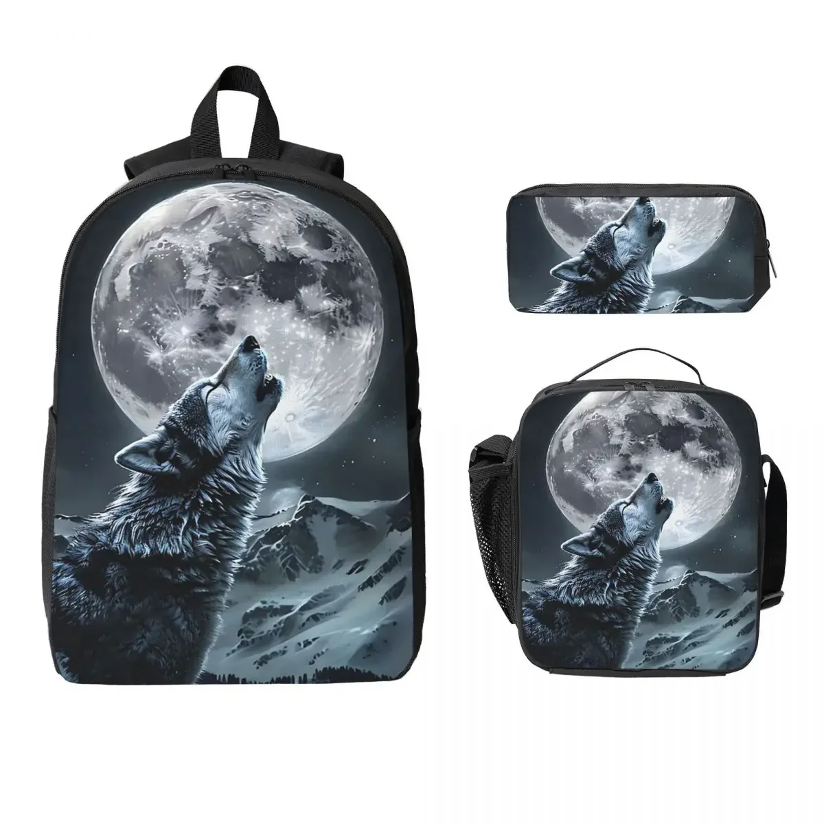 Howling Wolf Under The Moonlight Print Backpack BookBag School Bag Computer Shoulder Bags 3ps Insulated Lunch Bag Pencil Case