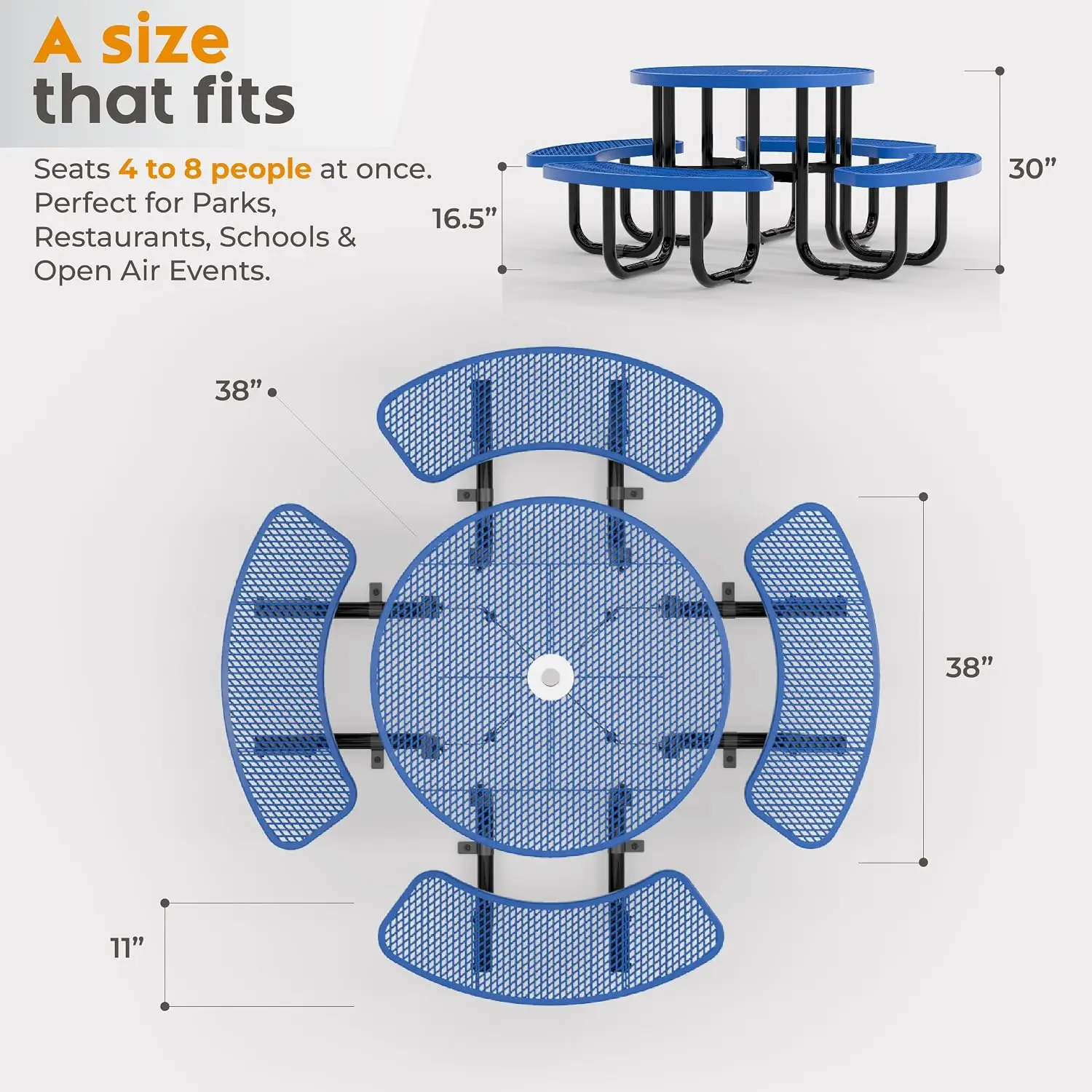 Commercial Metal Picnic Table Round Expanded Steel 38in Blue, Customized