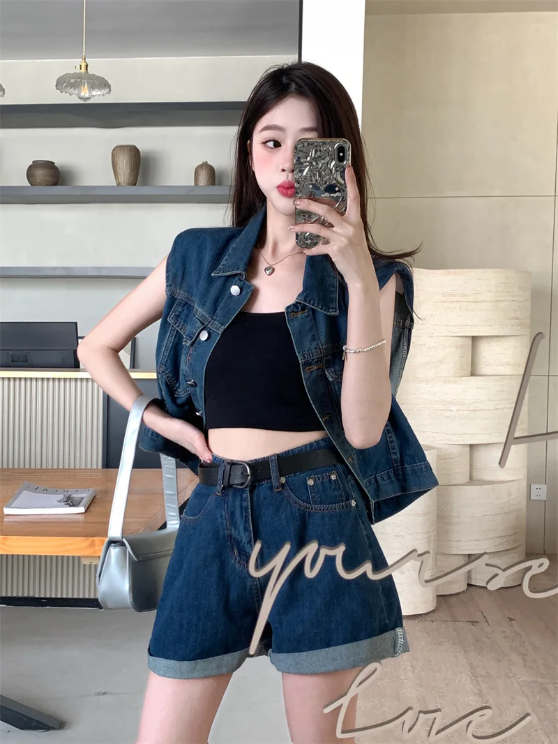 New Spring/Summer Polo Collar Sleeveless Versatile Vest Top Slimming denim shorts Women's Set