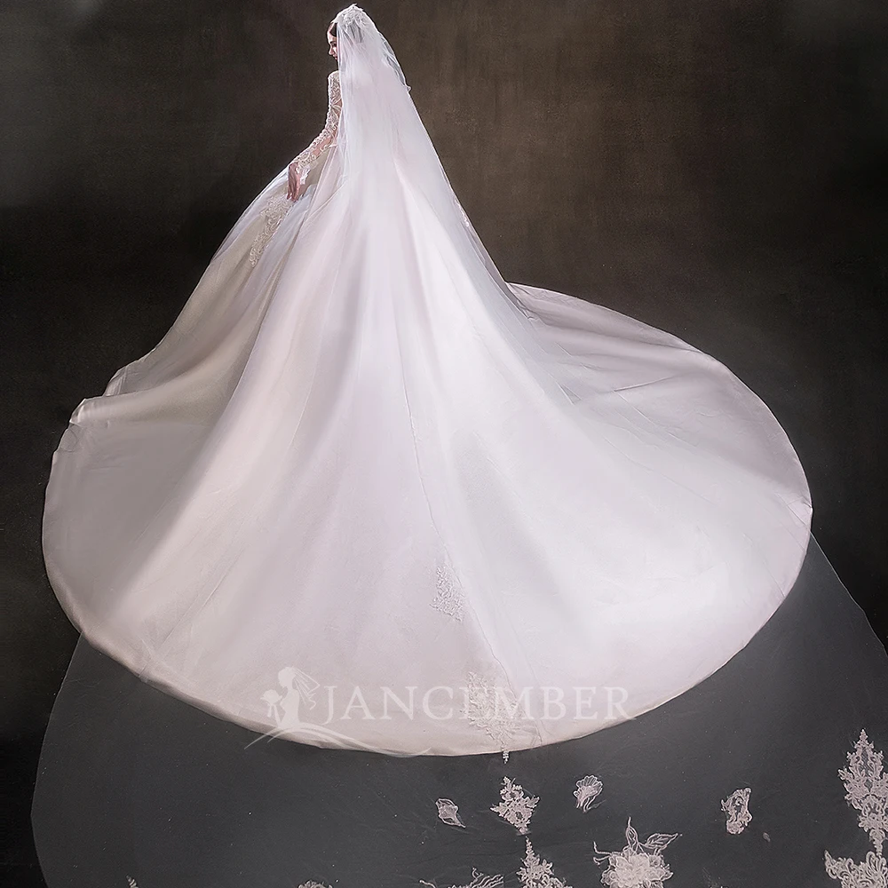 Customized V-neck Heavy Beads Sequins Wedding Dress Chapel Train Long Sleeves Ball Gown Puffy Satin Bridal Gowns suknia ślubna
