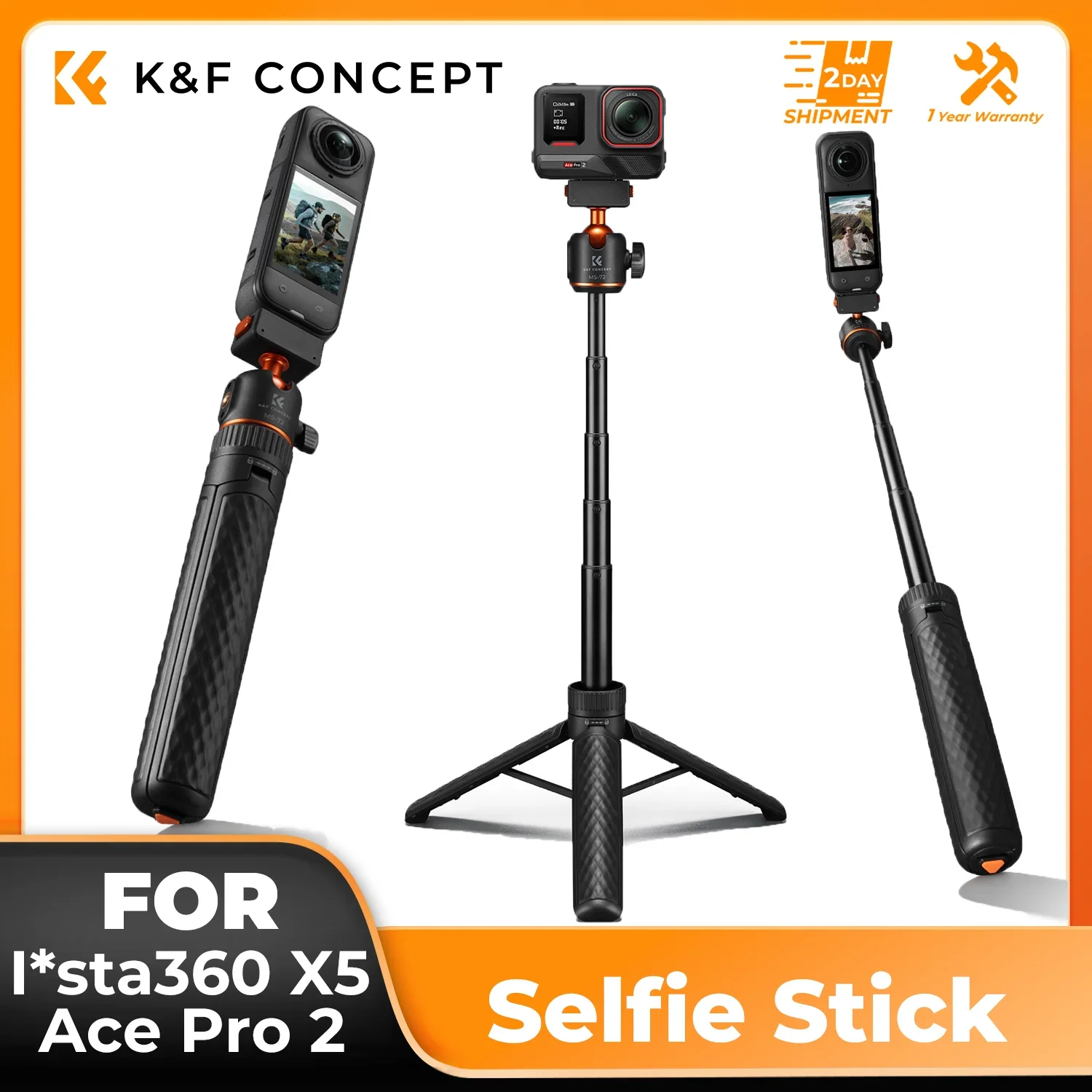 K&F CONCEPT Магнитная селфи-палка с быстросъемным креплением для Insta360 X5 / Ace Pro 2 – Портативная ручка с шаровой головкой 360° и функцией штатива для влогов