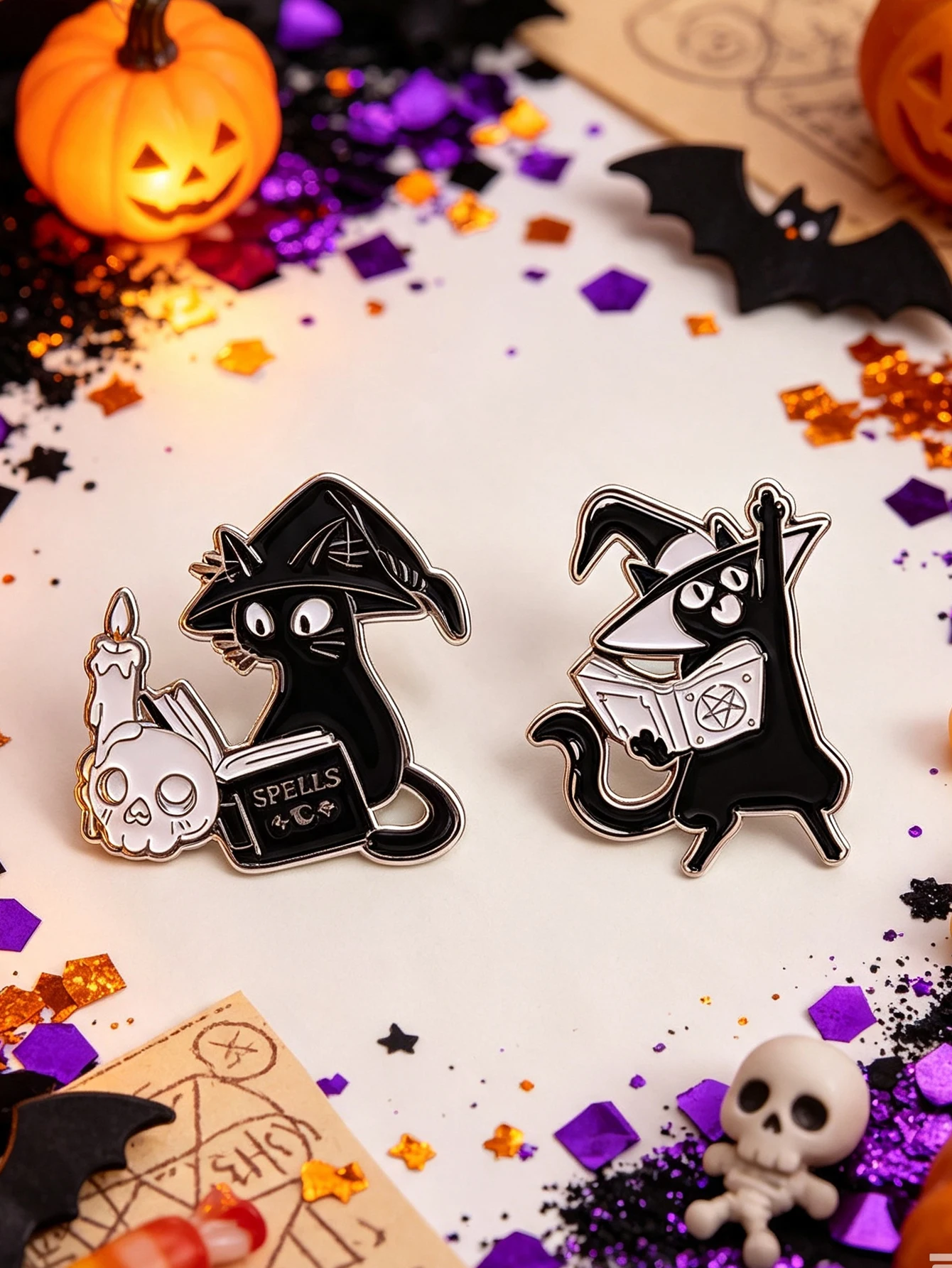 Goth Wizard Black Cat Brooch Set Halloween Magic Spell Book Cat Enamel Pin Spooky Dark Academia Clothing Accessory Pins