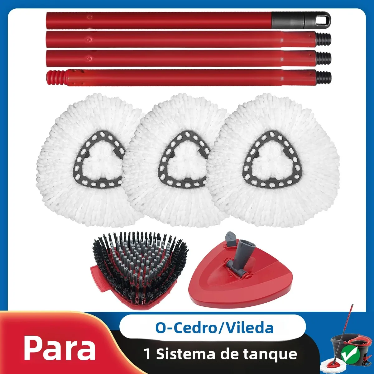 Substituição compatível com sistema O-Cedar/Vileda EasyWring de 1 tanque, recargas de esfregão de microfibra, escova de esfrega, base e bastão de esfregão