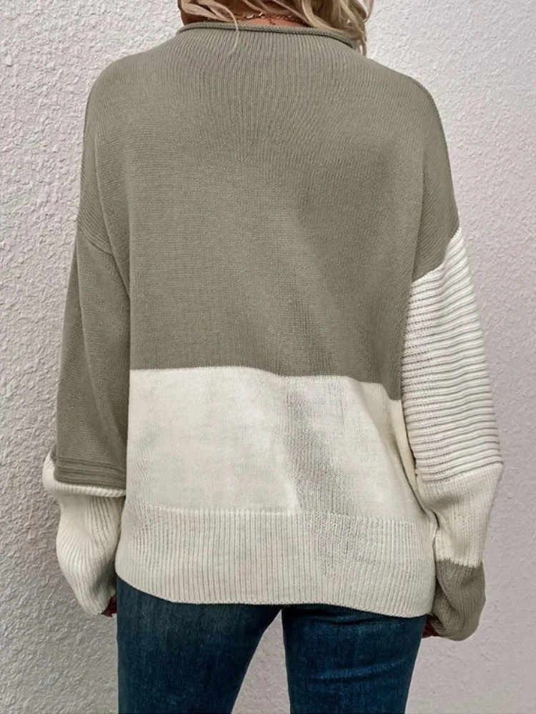 Sweat à capuche tricoté chaud et col rond pour femme, élégant, couleur bloquée, manches longues, pull épais, nouvelle mode hiver 2025
