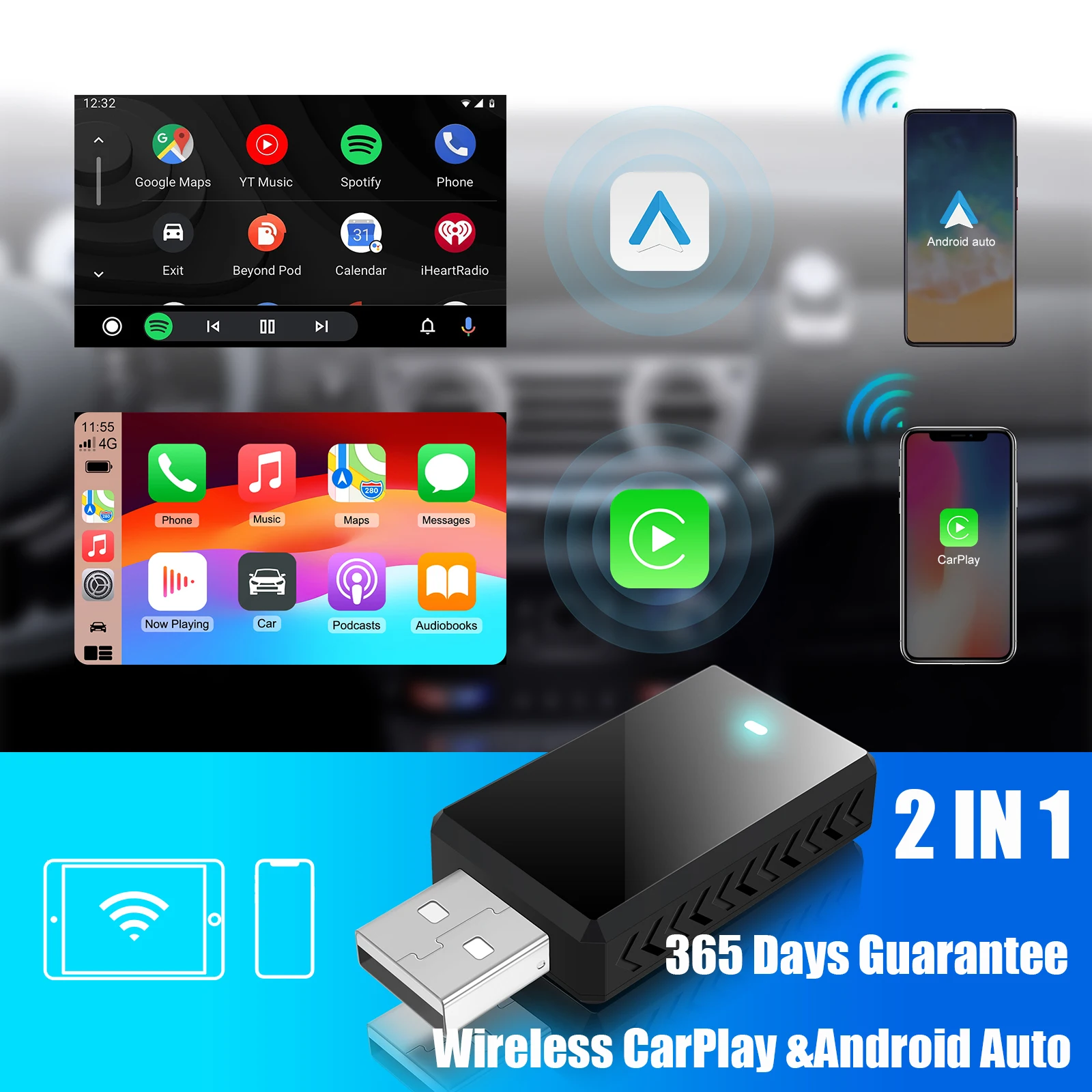 

Беспроводной адаптер 2в1 Carplay Android Auto 5G WIFI для автомобиля 99% OEM с USB-портом Plug & Play Работа на Bluetooth WIFI Простота в использовании