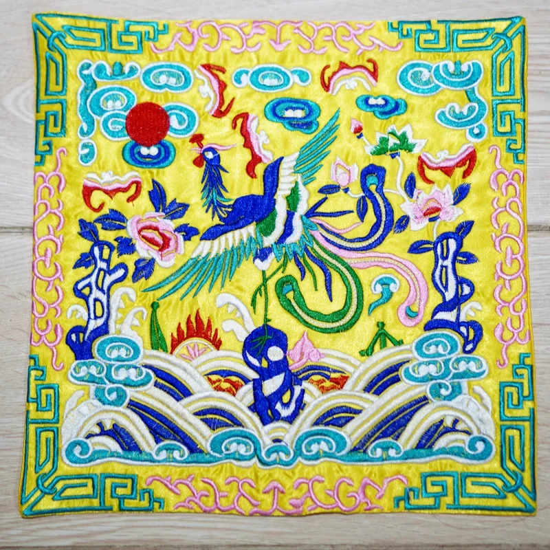 Chinese Embroidered Placemat Official Robe Badge Phoenix Craft Embroidery Piece Gift Decorative Coaster Cups Plates