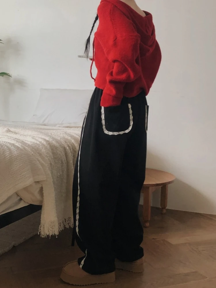 Deeptown koreański styl patchworkowy Streetwear wysoki stan szerokie nogawki spodnie kobiety wiosna Kawaii urocza koronka luźne spodnie na co dzień