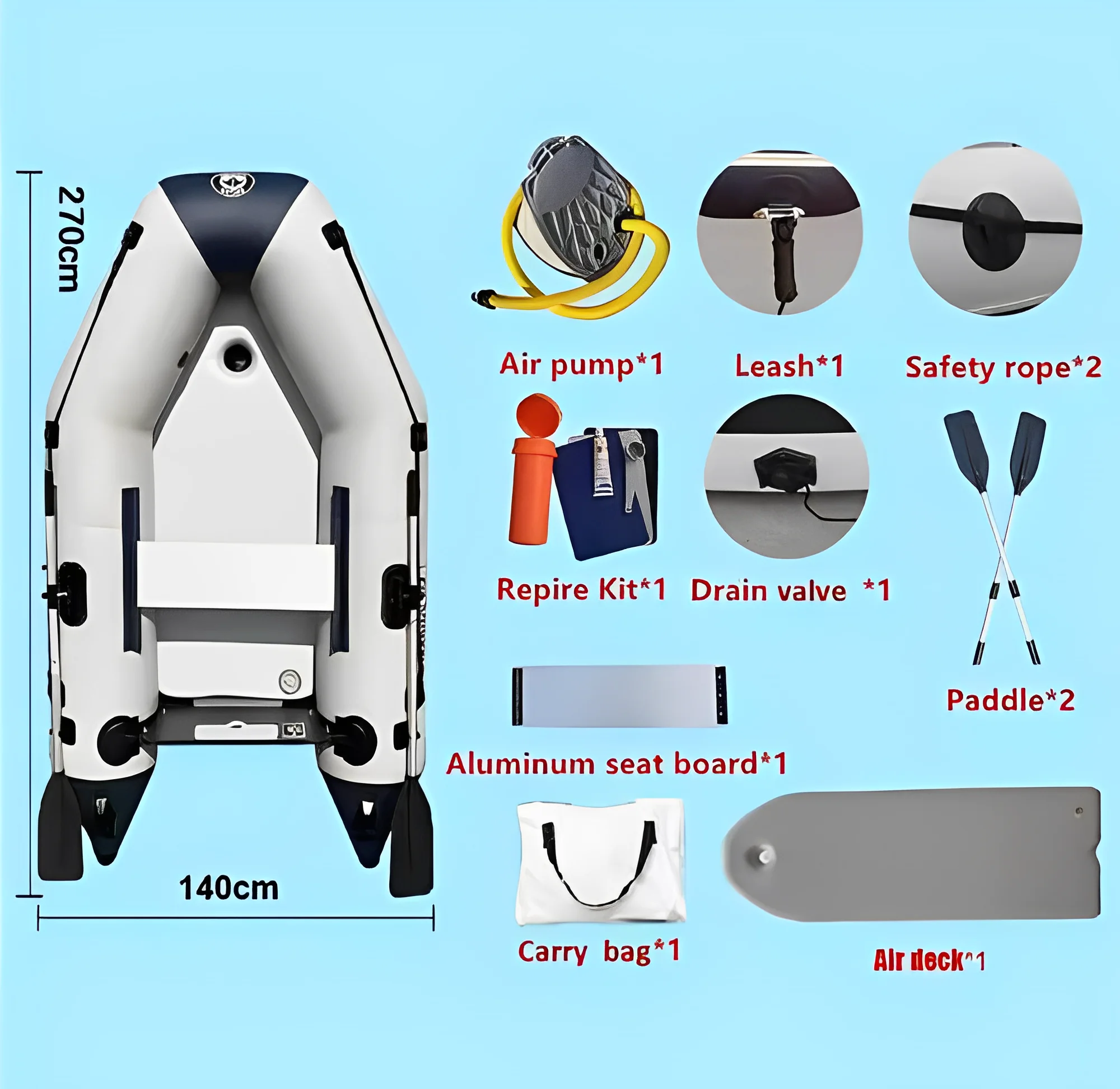 2.7M 8.8FT Air Deck Floor Portable PVC Inflatable Fishing Boat for Adult Surfing Kayak and Racing Boats for the Sea Accessories