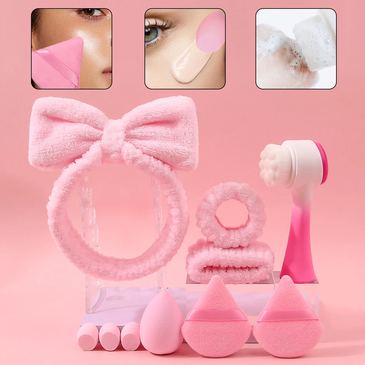 12 قطعة من فرش غسل الوجه الناعمة، واقيات معصم على شكل فيونكة مقاومة للرطوبة وممتصة للماء، إسفنجة مكياج