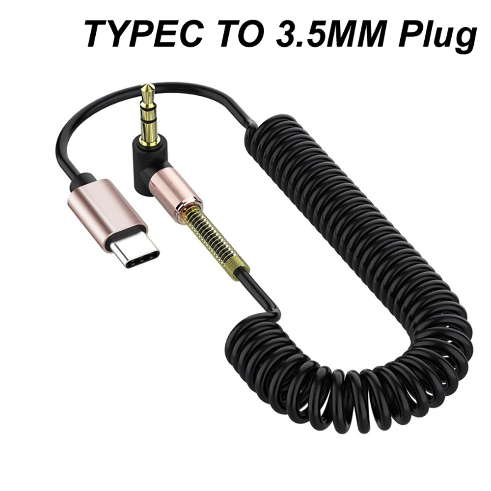 Retractable Spring USB C to 3.5mm AUX Audio Cable 90° Elbow Headphone Adapter for Car Speaker iPhone Samsung Xiaomi Smartphones