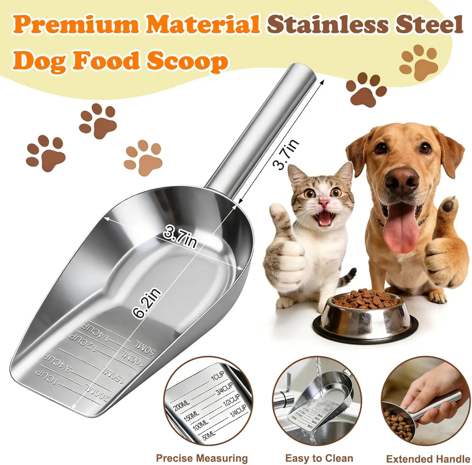 Hundefutter-Schaufel aus Edelstahl mit Langem Griff, Präziser Hundefutter-Messbecher 1, 3/4, 1/2, 1/4 Tasse, Tierfutter-Schaufel für Hunde, Katzen – Detail 3