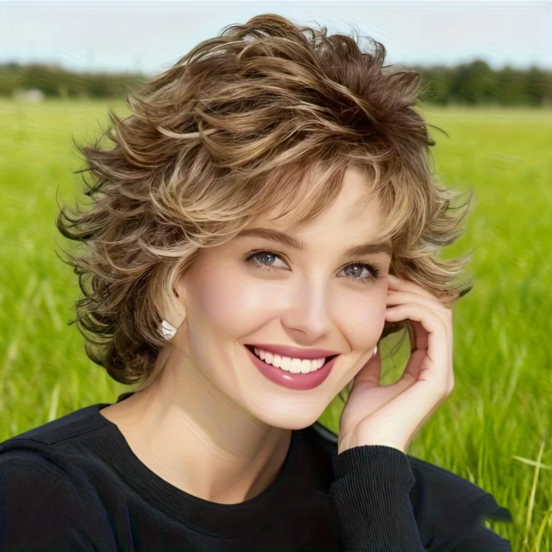 

Женский модный парик из синтетических волос Hechen, коричневый, с боковым пробором, короткий, кудрявый, с легким объемом, с мелированием