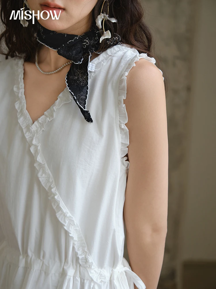 MISHOW Sleeveless Dress for Women Summer 2026 Drawstring Waist Simple Fashion Lace V-neck Dresses Female Clothing MXE37L2331