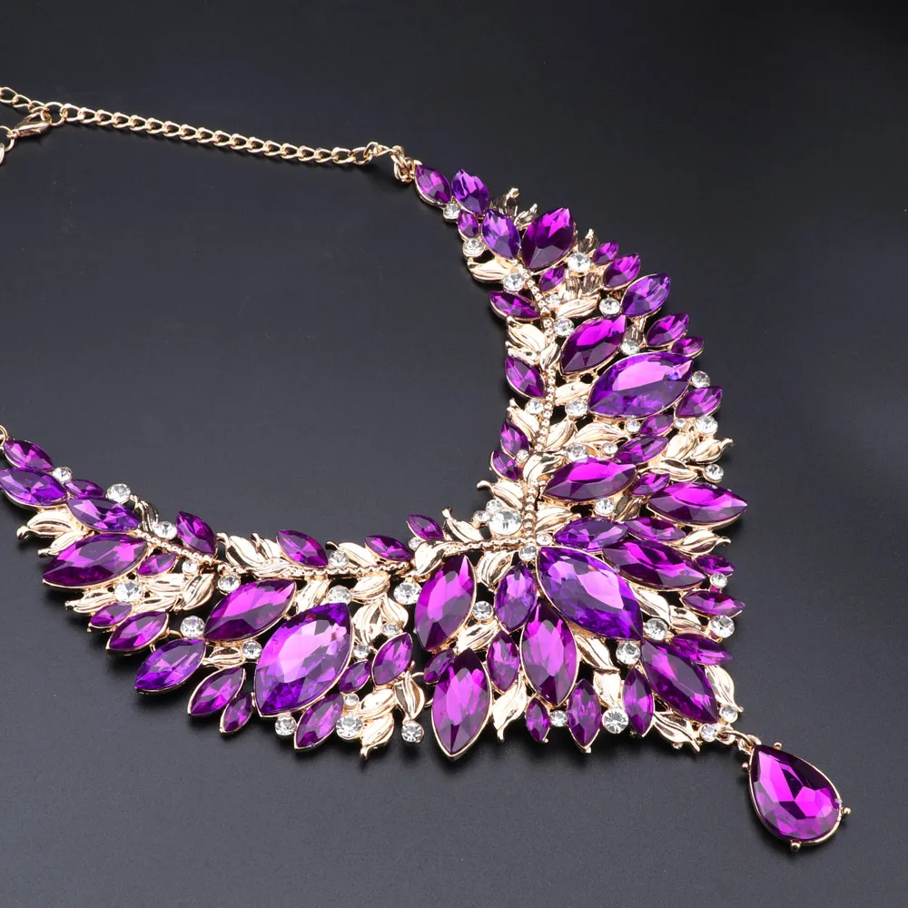 Purple Crystal Necklace Earrings Indian Luxury Bridal Jewelry Set Wedding Party Prom Costume Jewellery Christmas Gift for Women