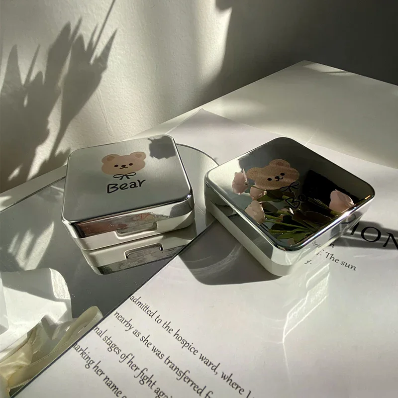 Contact Lens Case Silver Bear Cosmetic Portable Water Box Simple Companion Storage Box Accessories 1Pc